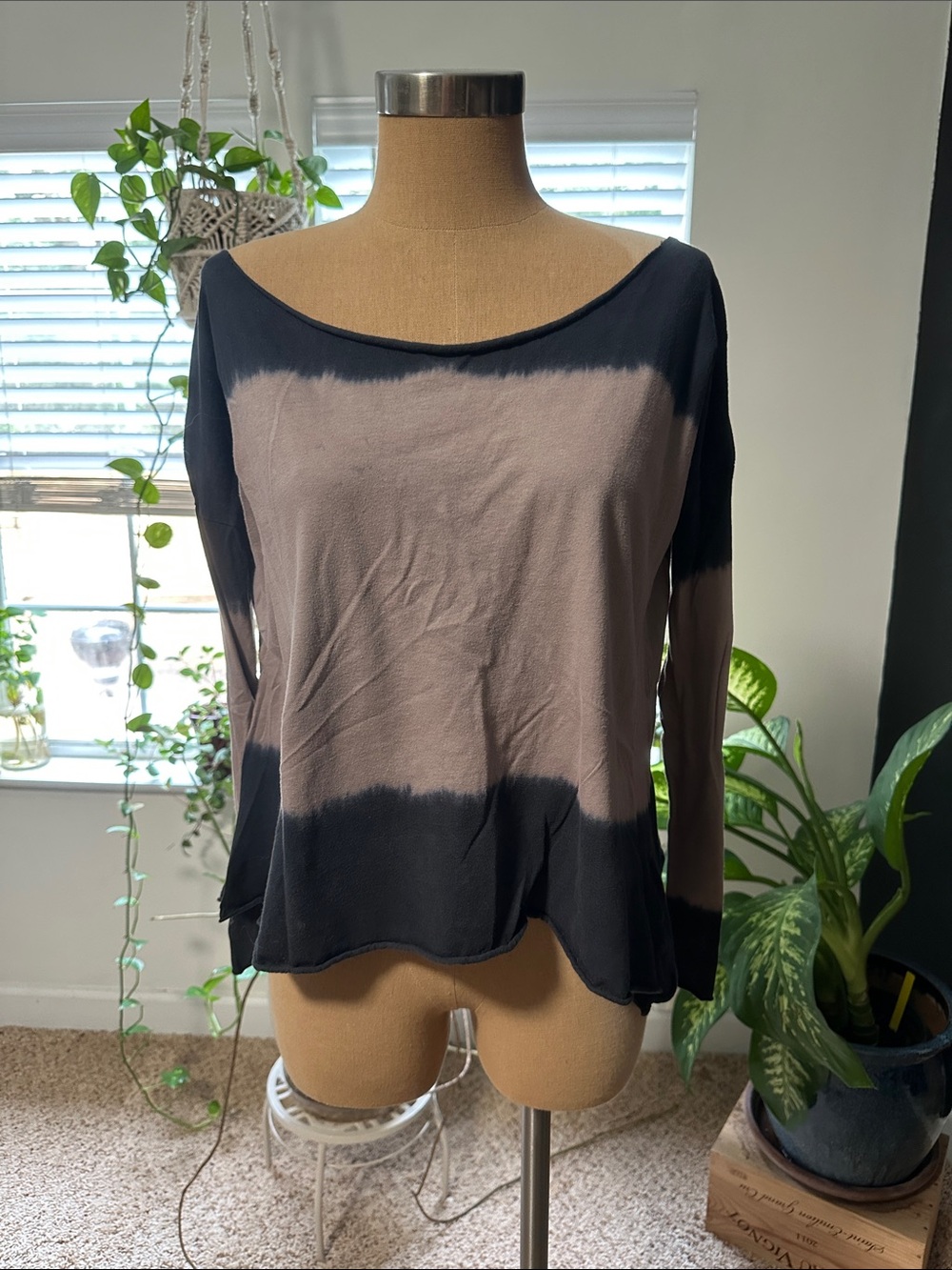 Free People Long-Sleeve Boatneck Tie-Dye Top in Black and Taupe